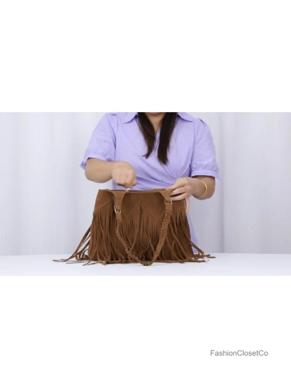 Vegan Faux Suede Leather Fringe Hobo Shoulder Bag with Woven Pattern Tassel